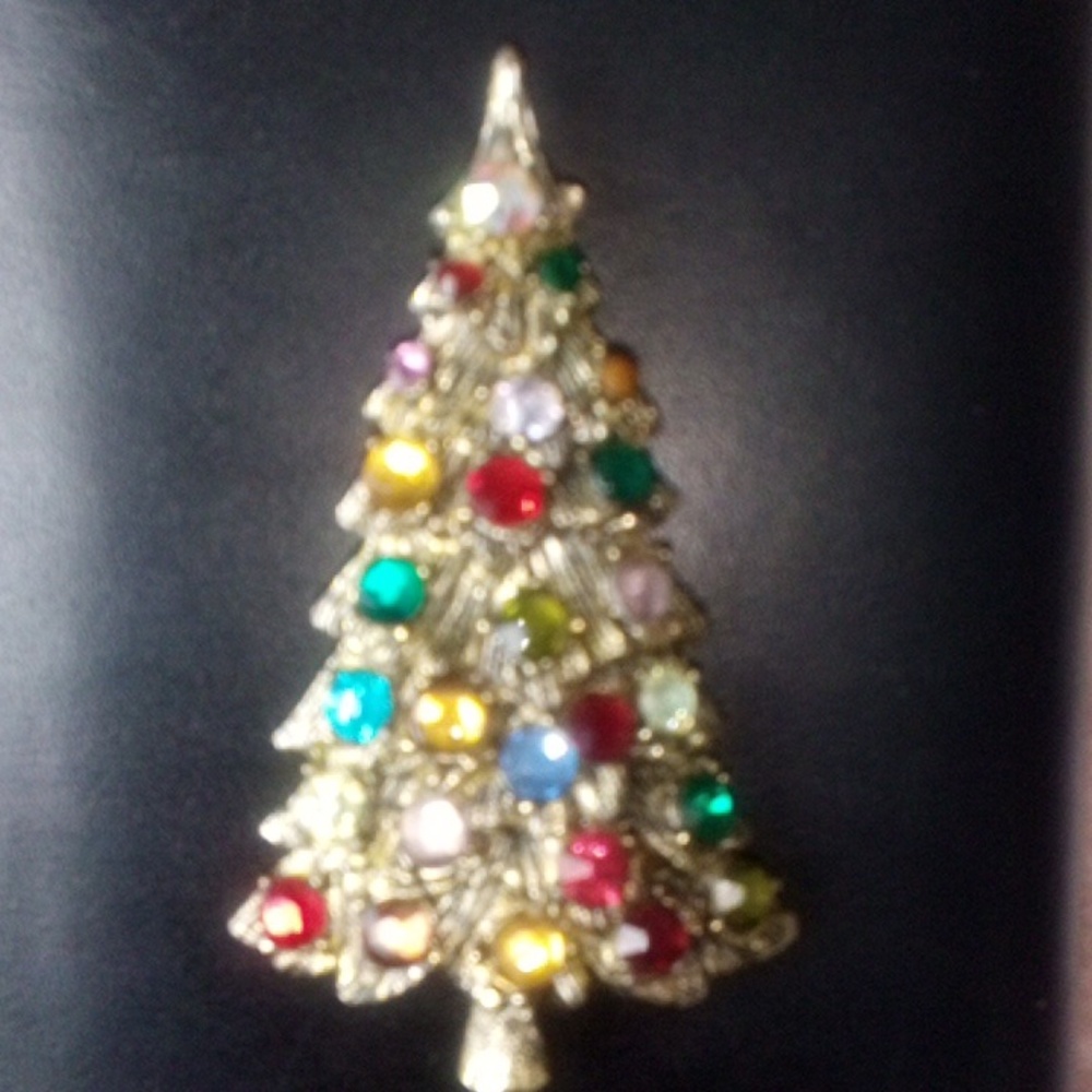 Vintage Gold Christmas Tree Brooch with Multicolor Gems - Picture 4 of 4